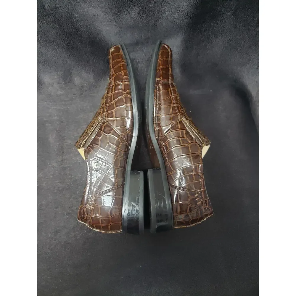 Italic Men's Brown Leather Slip On Side Stretch Square Toe Loafers Dress Shoes
